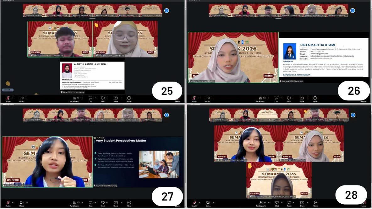 Keterangan : Gambar 25 Pembacaan CV Moderator Kedua yaitu Saudari Alfiatul Kanzia, A.Md.RMIK, Gambar 26 Pembacaan CV Narasumber Ketiga, Gambar 27 Penyampain Materi oleh Narasumber Ketiga yaitu Saudari Rinta Martha Utami, Gambar 28 Sesi Tanya Jawab